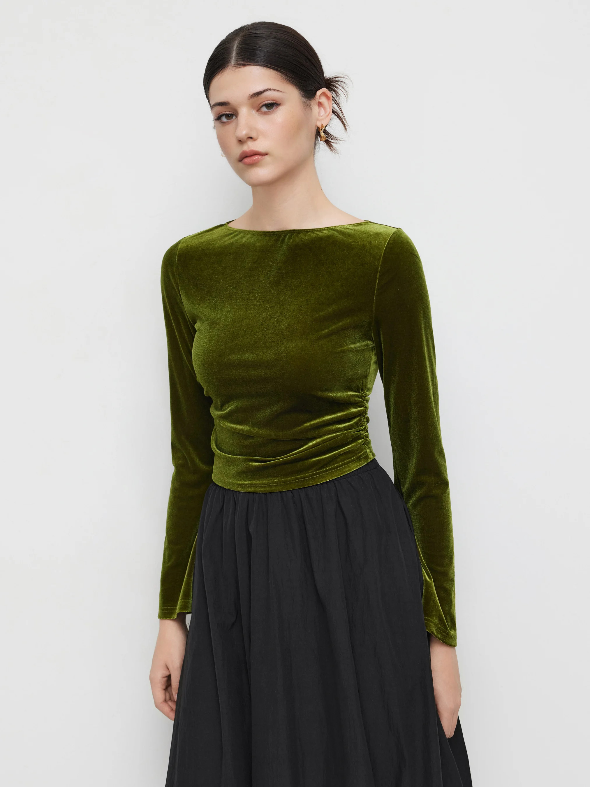 City Chic Party Dress For Party New Years Holiday Dress Velvet Velvet Boat Neck Solid Ruched Long Sleeve Crop Top For Daily Casual | Cider