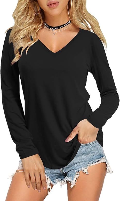 Amoretu Womens V Neck Long/Short Sleeve T Shirts Basic Tee Tops | Amazon (US)