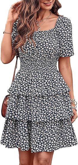 PRETTYGARDEN Women's 2024 Floral Summer Short Dress Square Neck Short Sleeve Tiered Ruffle Boho S... | Amazon (US)