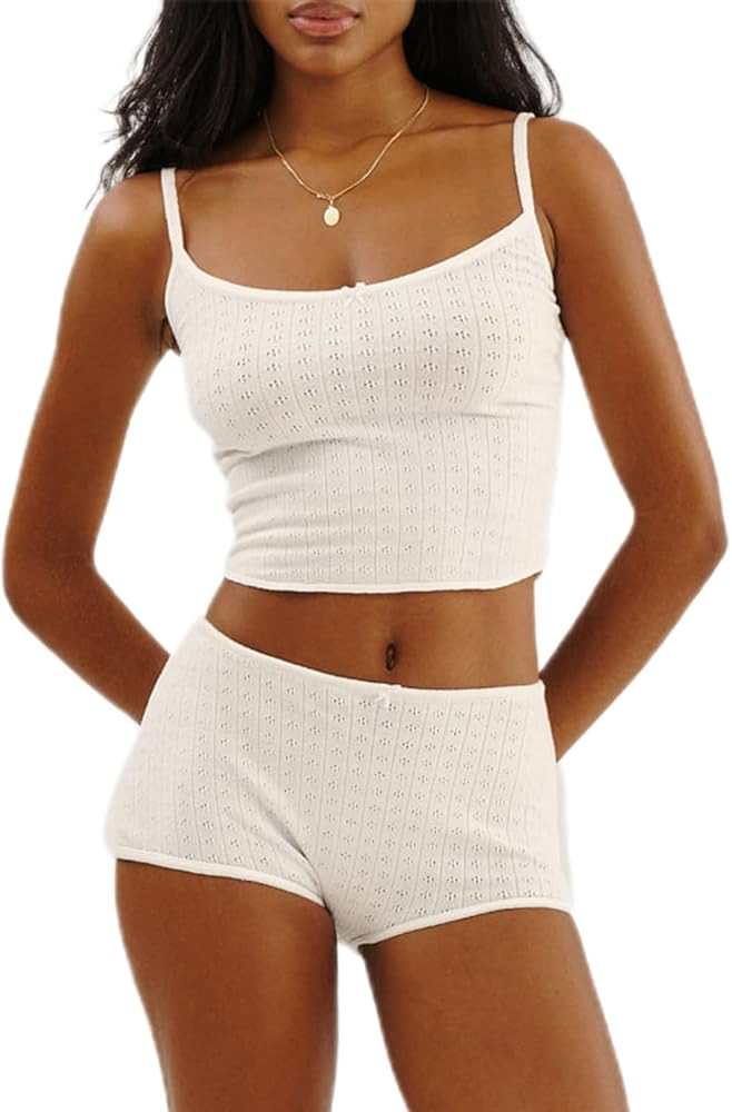 RUEWEY Women Floral Pajama Set Spaghetti Strap Lace Cami Crop Tops and Shorts Knit Lounge Set 2 P... | Amazon (US)