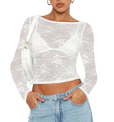 Women Lace Trim Shirt Top Long Sleeve Sexy Floral Lace Mesh Patchwork Crop Top Slim Fit Skinny Tight Tee Blouse Trendy (Lace White, L) | Amazon (US)