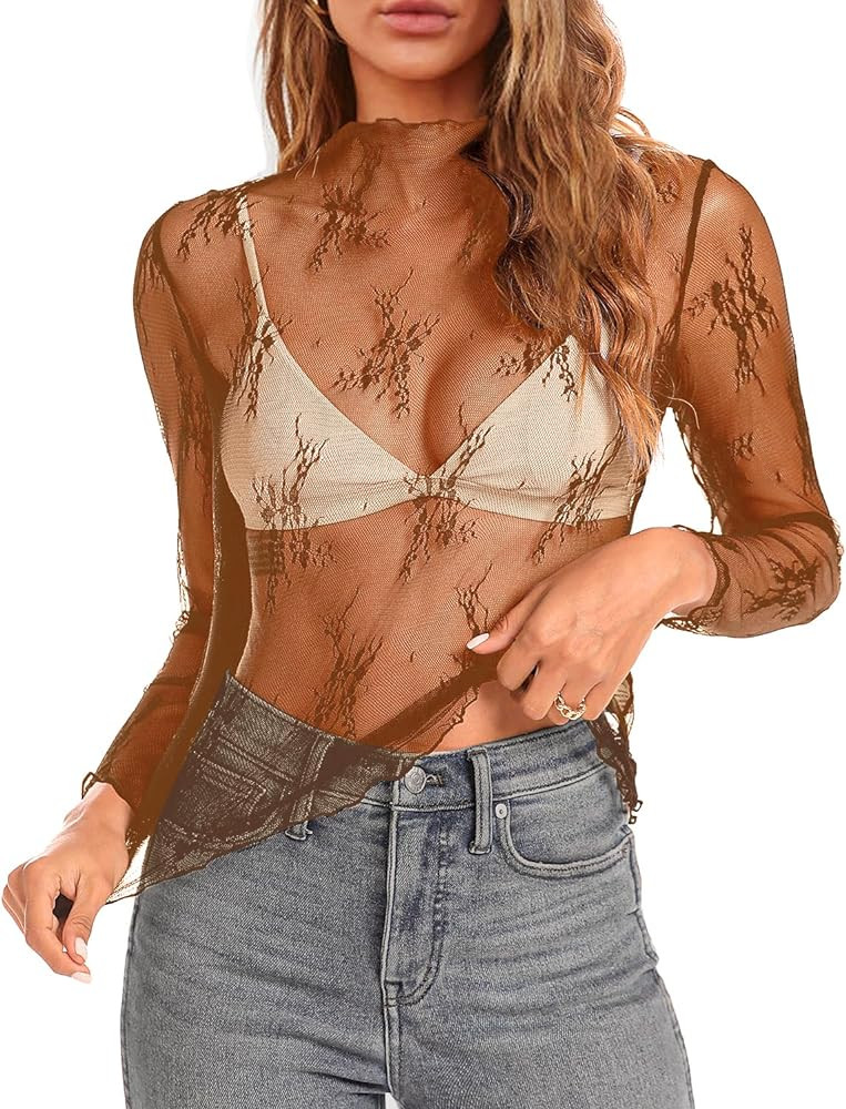 Aoulaydo lace Long Sleeve top for Women mesh Layering top Mock Neck Floral See Through Tops | Amazon (US)