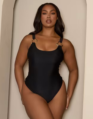 Moda Minx x Bernadette Afia Curve swimsuit with gold hardware detail in black | ASOS (Global)