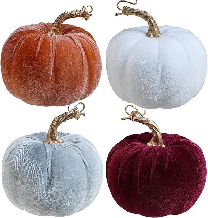 Winlyn Set of 4 Fall Velvet Artificial Pumpkins with Gold Stems Decorative Fabric Pumpkins in Bur... | Amazon (US)