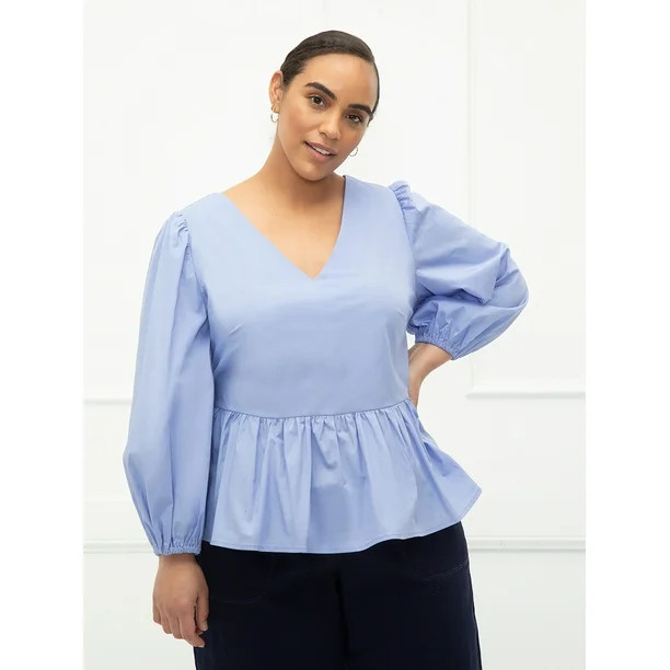 ELOQUII Elements Women's Plus Size Puff Sleeve Peplum Top | Walmart (US)