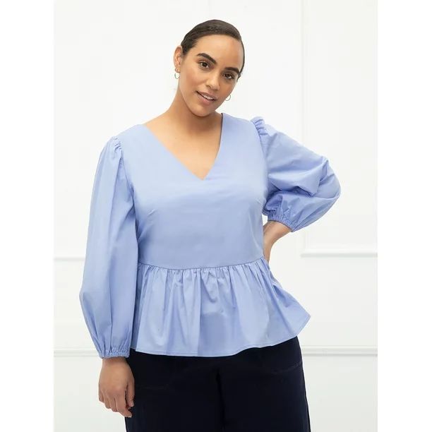 ELOQUII Elements Women's Plus Size V-Neck Puff Sleeve Peplum Top | Walmart (US)