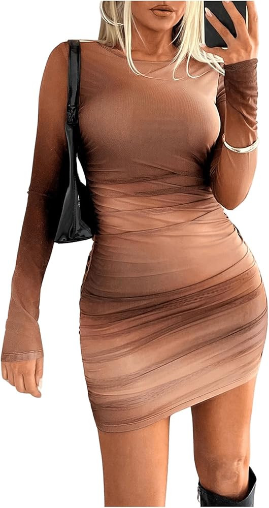 Milumia Women's Tie Dye Ruched Round Neck Long Sleeve Dress Bodycon Mini Dresses | Amazon (US)