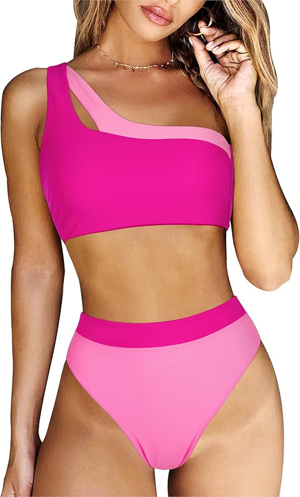RXRXCOCO Women One Shoulder High Waisted Bikini Set Color Block High Cut 2 Piece Swimsuit Bathing... | Amazon (US)