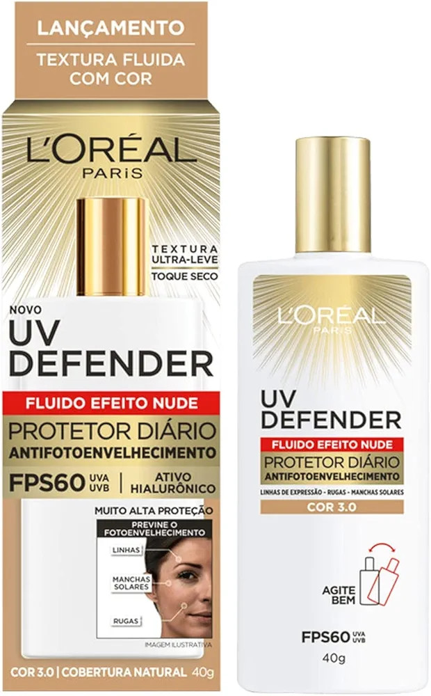 Protetor Solar Facial L'Oréal Paris UV Defender Fluido FPS 60 Cor Média 3.0, 40g | Amazon (BR)