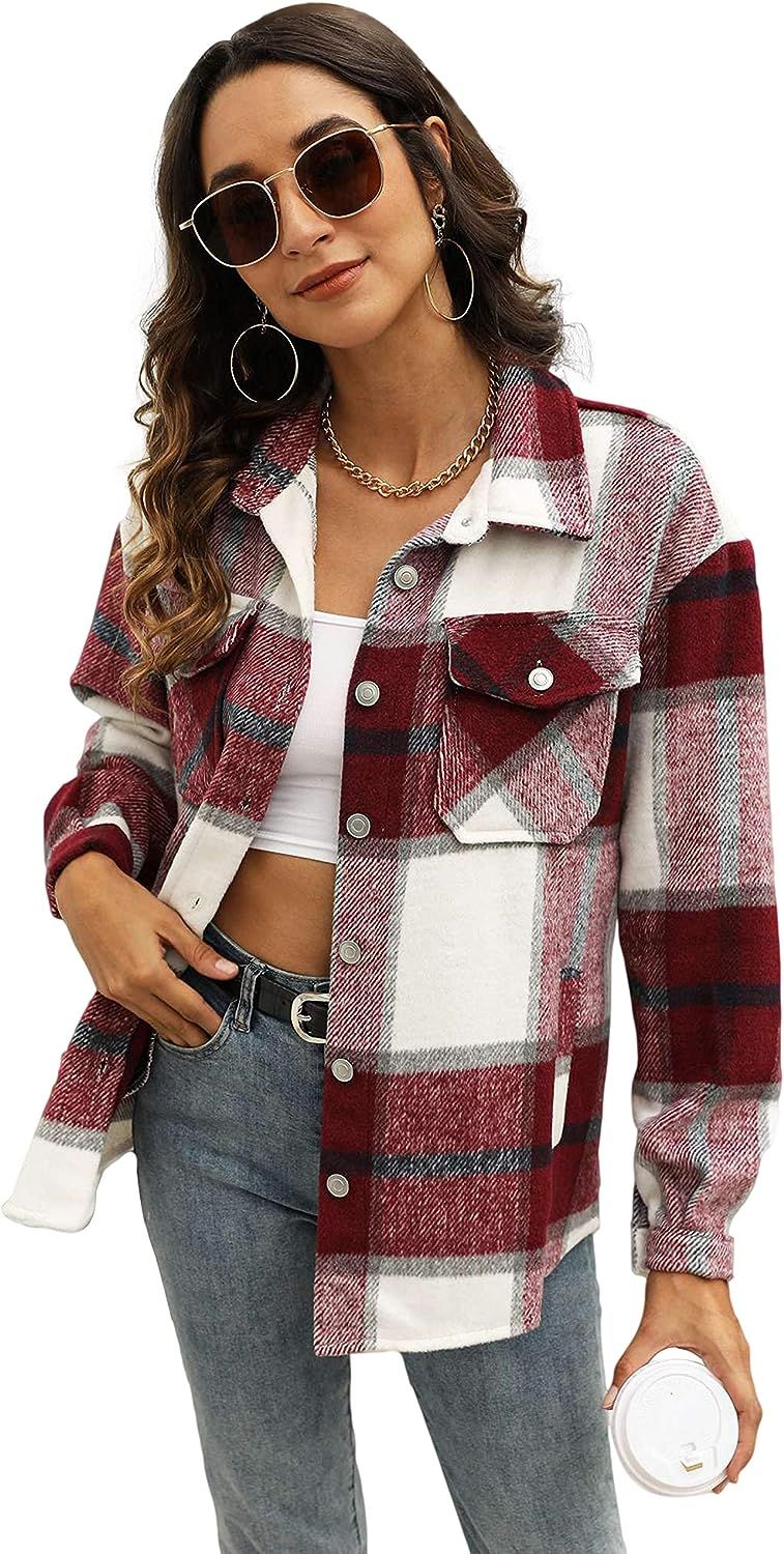 UANEO Womens Casual Plaid Wool Blend Button Down Long Sleeve Shirt Jacket Shackets | Amazon (US)