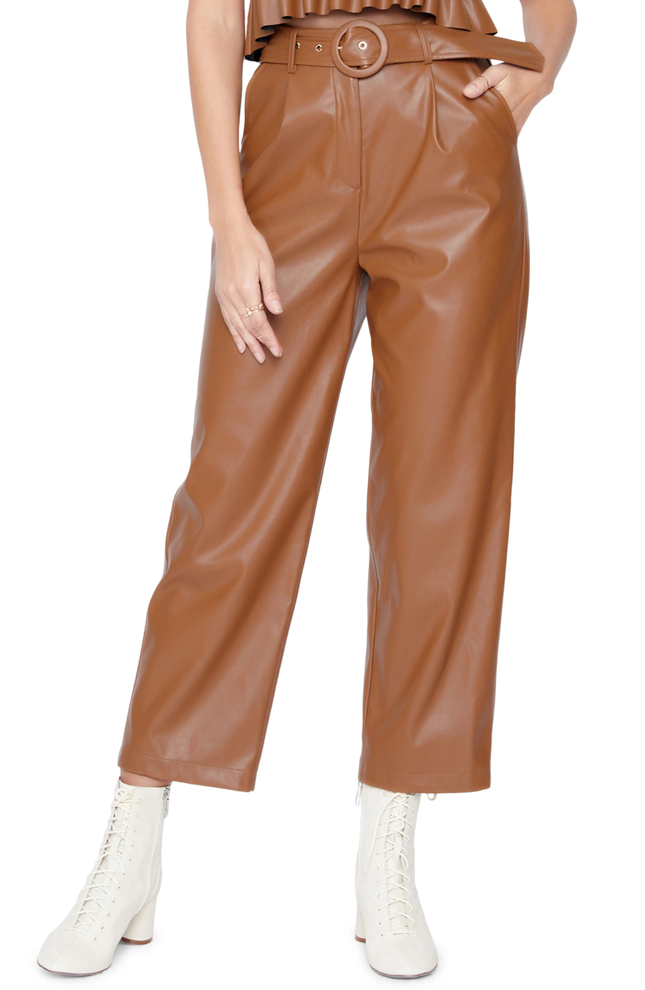 Lost + Wander Set the Scene Belted Wide Leg Faux Leather Pants in Brown at Nordstrom, Size X-Small | Nordstrom