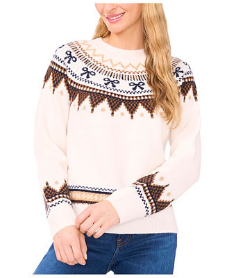 CeCe Women's Crewneck Ribbon Fair Isle Long-Sleeve Sweater - Macy's | Macy's
