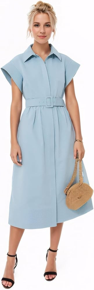Ladyful Women Casual Button Down Shirt Dress Short Wing Sleeve Buiness Midi Shirt Dress with Belt... | Amazon (US)