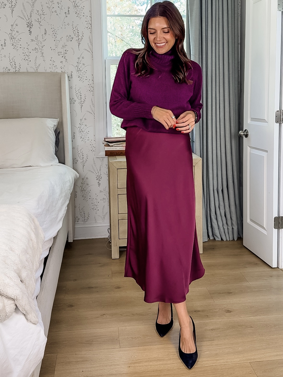 The most chic holiday outfit but also SO COMFY!! Satin skirt has an elastic waistband and does not cling!! Wearing a small in both! I’m 5’7” 

#LTKTall #LTKOver40 #LTKSaleAlert