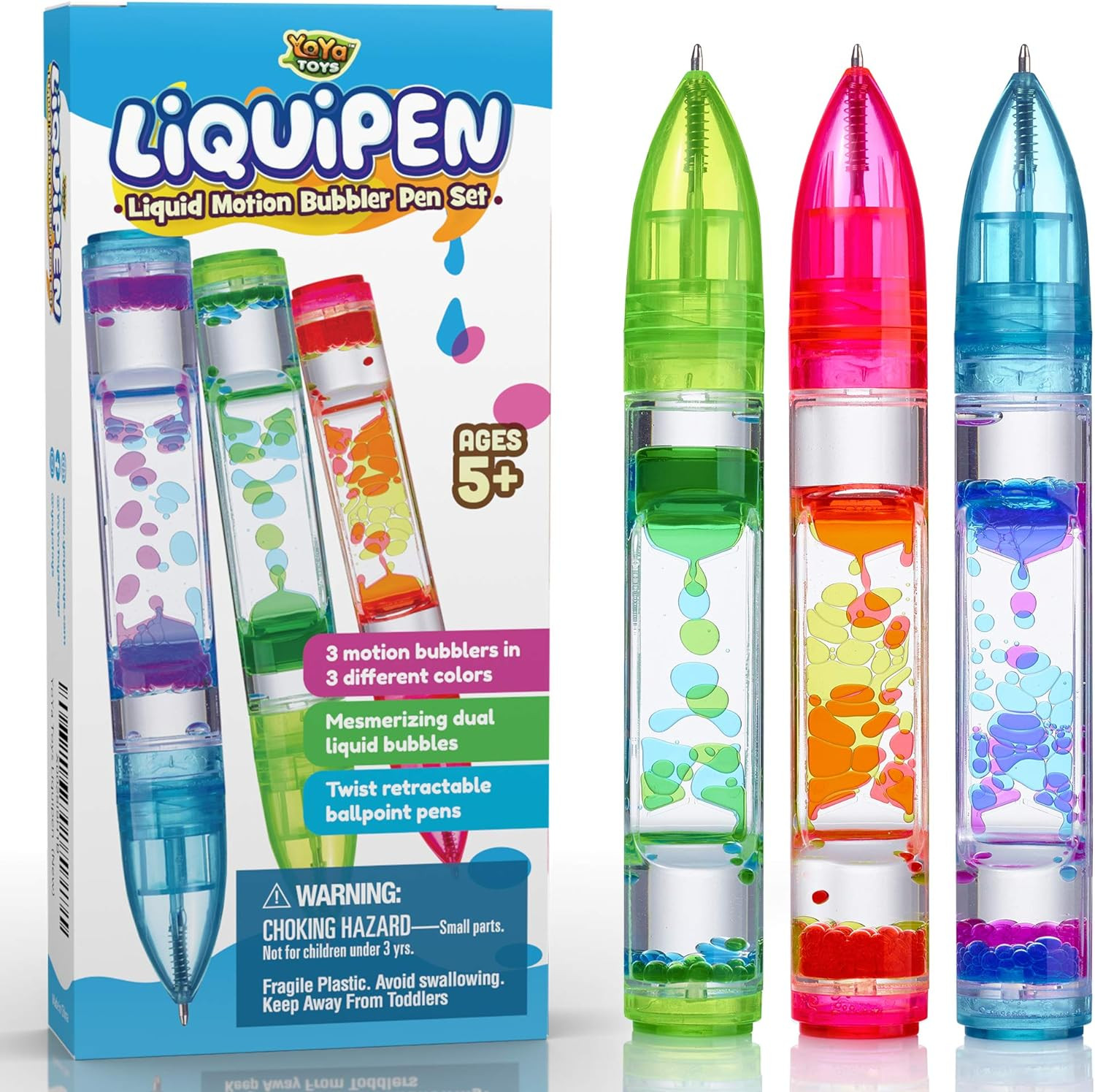 YoYa Toys Liquipen - Liquid Motion Bubbler Pen Toy (3 Pack) - 3 Colors - Colorful Timer Pens for ... | Amazon (US)