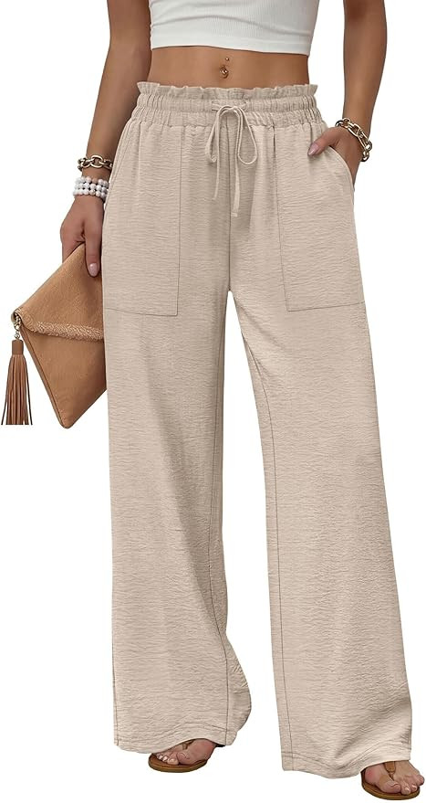 WIHOLL Women's Wide Leg Pants with Pockets Drawstring Loose Trousers Business Work Pants Summer B... | Amazon (US)