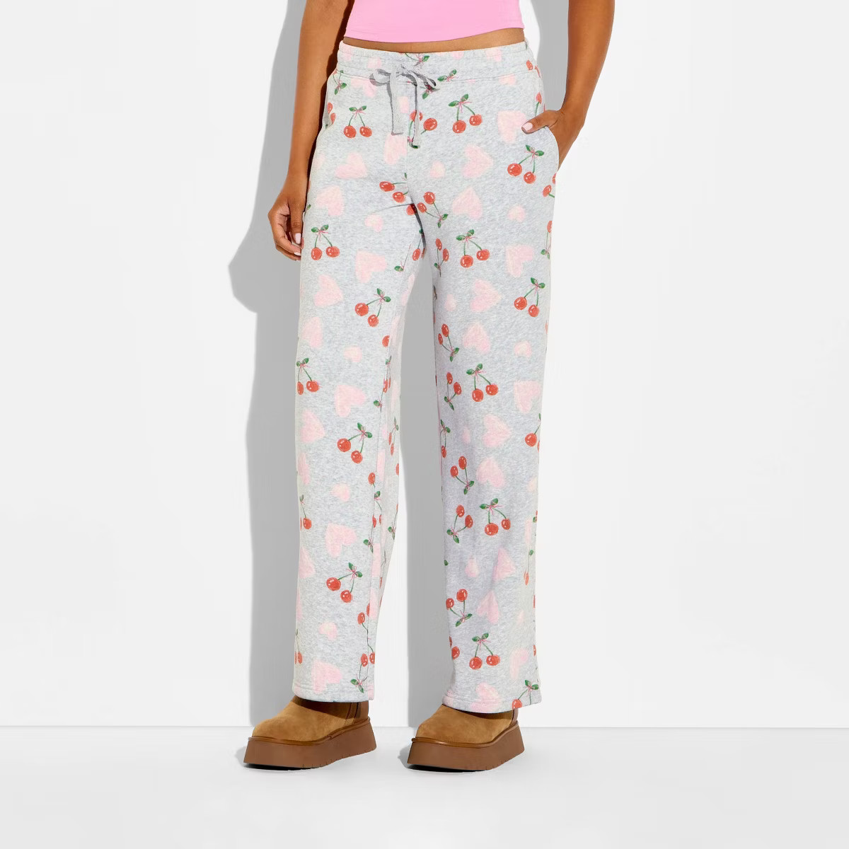 Women's Cherry Heart Fleece Graphic Pull-On Pants - Heather Gray | Target