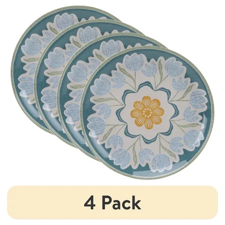(4 pack) Better Homes & Gardens Floral Green Reusable Dishwasher-Safe 10.75" Round Bamboo Melamine Plastic Dinner Plate | Walmart (US)