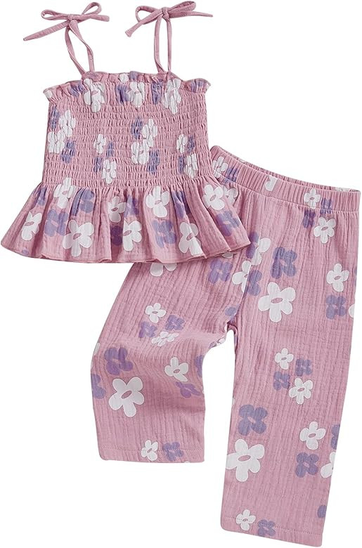 Meiweileya Toddler Baby Girl Flower Outfit Cotton Linen Sleeveless Smocked Ruffle Cami Tops Pants... | Amazon (US)