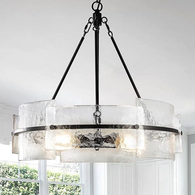Modern Dining Room Chandelier 22” Black Textured Glass Chandelier Luxury Drum Crystal Light Fix... | Amazon (US)