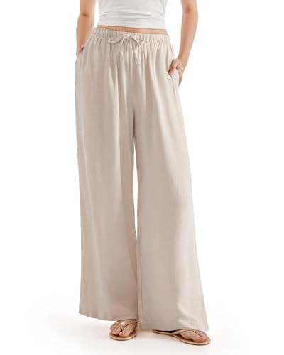 SUUKSESS Women Wide Leg Flowy Linen Pant with Pockets High Waisted Casual Lounge Palazzo Pant (Pl... | Amazon (US)