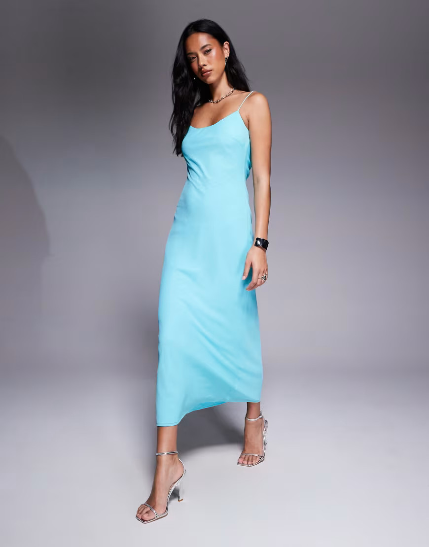ASOS DESIGN strap cowl back slip midi dress in bright blue | ASOS (Global)