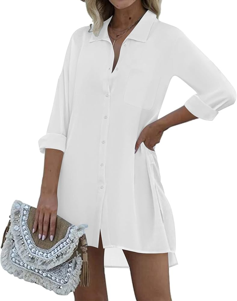 Ekouaer Women's Beach Bikini Cover Up Long Roll-up Sleeve Summer Button Down Coverup Shirt | Amazon (US)