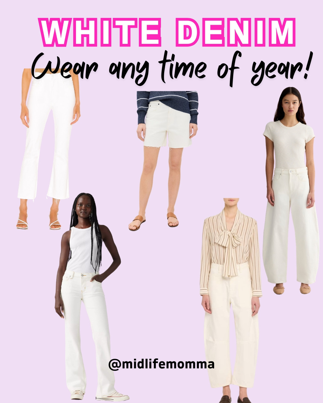 Summer is ideal for wearing white denim! This includes breathable cotton utility pants, lightweight cropped culottes, and mid-length denim shorts with a comfortable, high-rise stretch fit. 

 #LTKmomlife #LTKSeasonal #LTKOver40