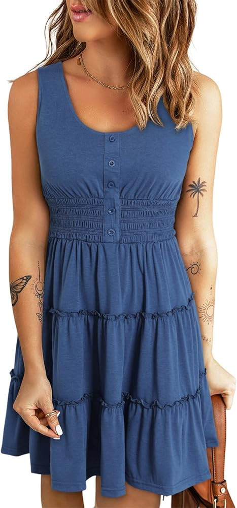Dokotoo Womens Summer Dresses 2024 Sleeveless Button Down Smocked Elastic Waist Ruffle Tiered Cas... | Amazon (US)