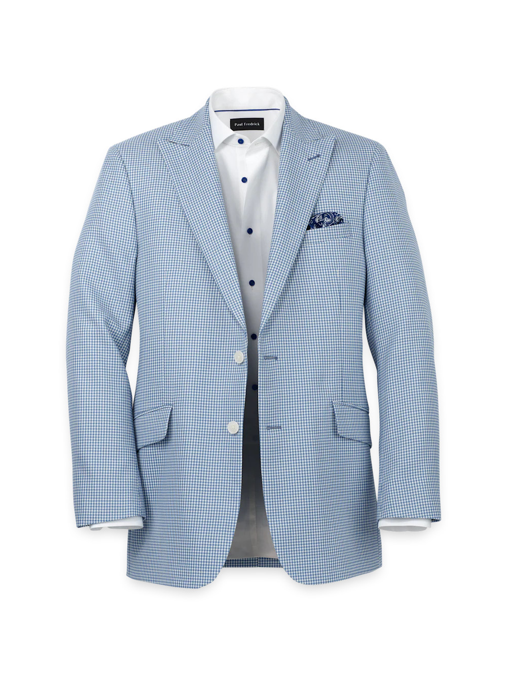 Wool Houndstooth Single Breasted Peak Lapel Sport Coat - Ocean Blue | Paul Fredrick MenStyle