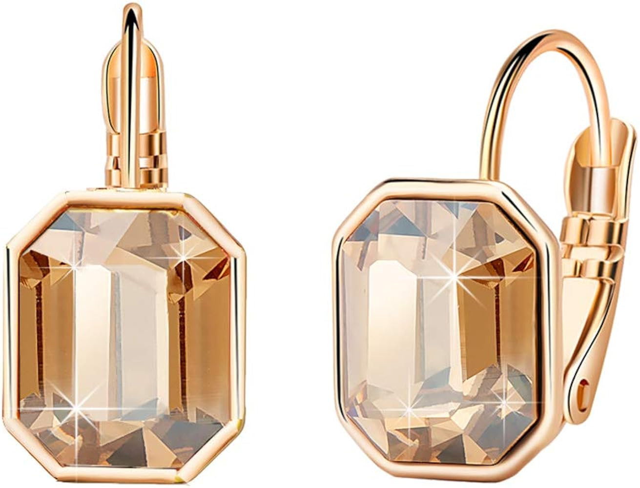Austrian Crystal Octagon Leverback Drop Earrings for Women 14K Rose Gold Plated Hypoallergenic Je... | Amazon (US)