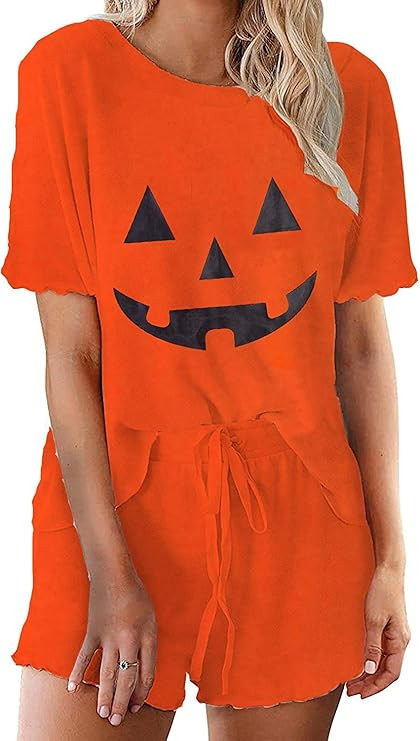 Women's Henley Button Down Ghost Pumpkin Graphic Printed Ruffle Two Piece outfits Halloween Pajam... | Amazon (US)