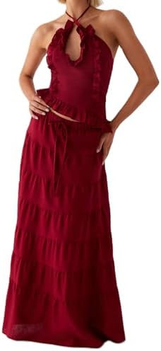 Women Ruffle Maxi Skirt Set Halter Ruched Crop Top Flowy Long Skirt Y2K 2 Piece Outfts Going Out | Amazon (US)