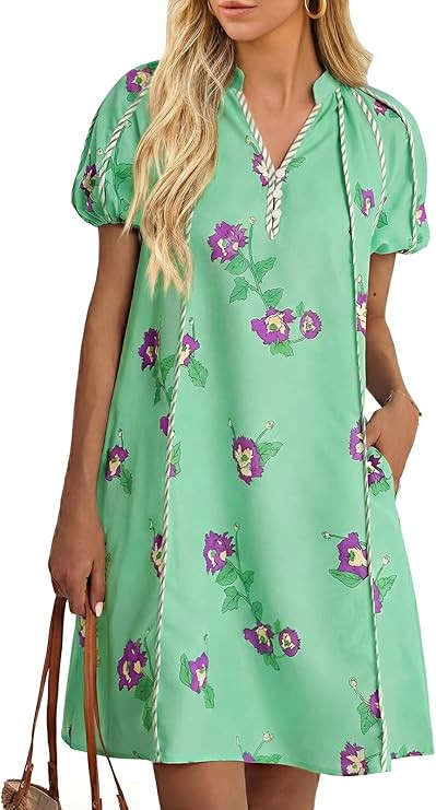 Cicy Bell Womens Summer Puff Sleeve Mini Dresses Floral Print Ruffle Button V Neck Dress Loose Fi... | Amazon (US)