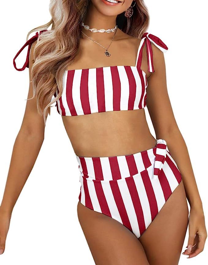 Ferbia Women High Waisted Bandeau Bikini Set Strapless 2 Piece Bathing Suit Swimsuits Tie Wrap Sw... | Amazon (US)