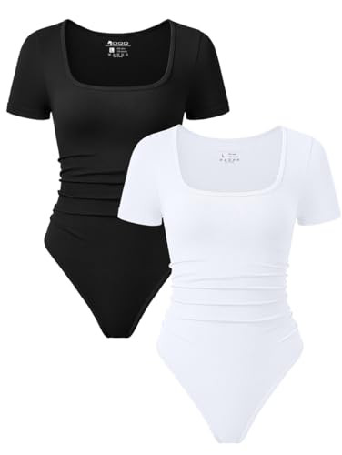 OQQ Women 2 Piece Bodysuits Sexy Ribbed Rueched Stretch Short Sleeve Square Neck Basic Shirts Bodysuits Black White | Amazon (US)