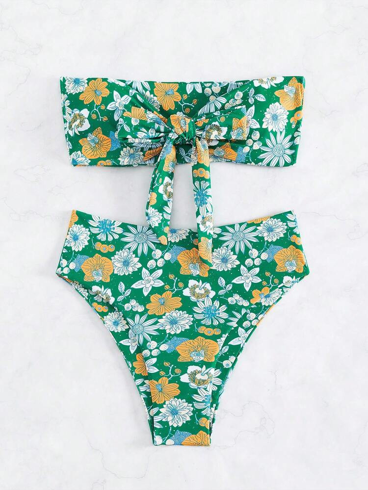 Floral Print Knot Front Bandeau Bikini Swimsuit | SHEIN