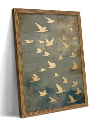 Framed Flock of Birds Canvas Wall Art, Vintage Minimalist Abstract Landscape Painting, Neutral Gold Birds Spiritual Wall Decor, Modern Aesthetic Pictures for Bedroom Living Room 12x16 inch | Amazon (US)