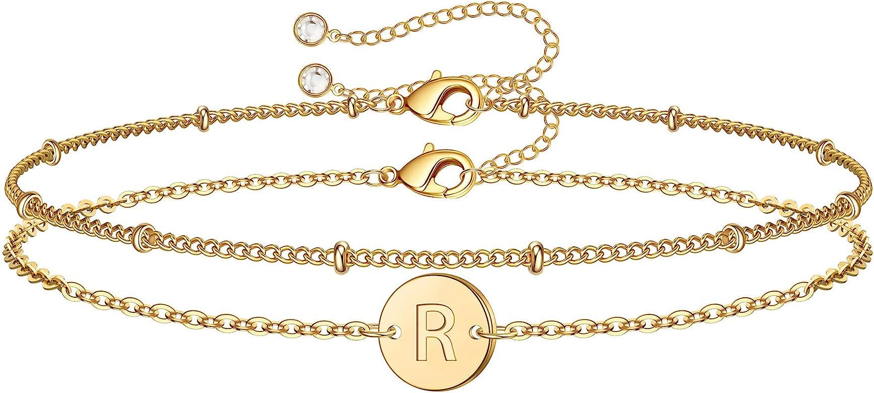 MONOZO Gold Initial Bracelets for Women, Dainty 14K Gold Filled Layered Beaded Letter Initial Bracel | Amazon (US)