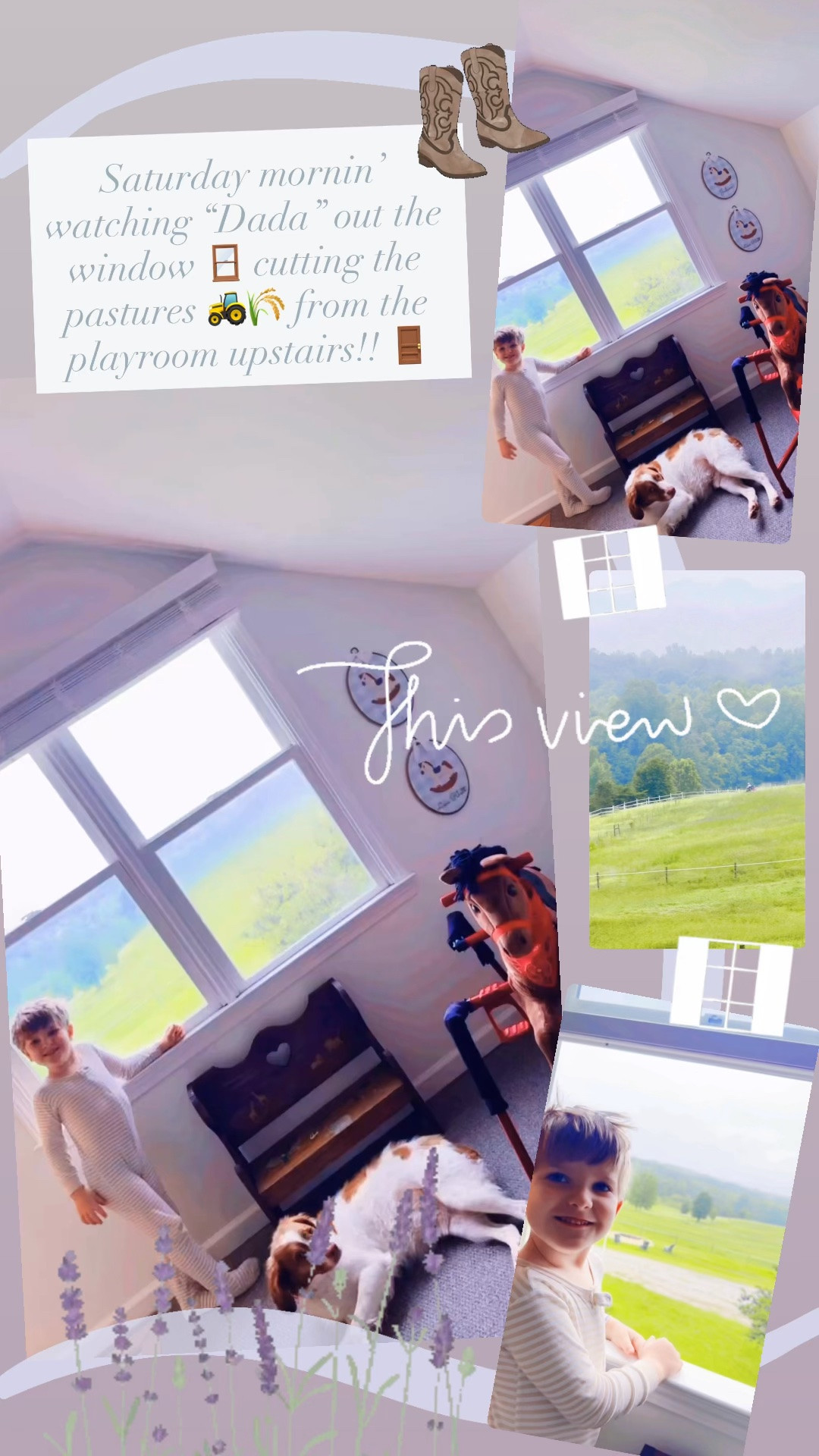 Saturday mornin’ watching “Dada” out the window 🪟 cutting the pastures 🚜🌾 from the playroom upstairs!! 🚪