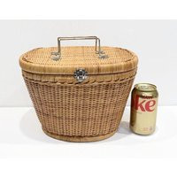 Vintage Flat Topped Oval Lidded Basket, Cream Fabric Lining, Silver Latch & Handles | Etsy (US)