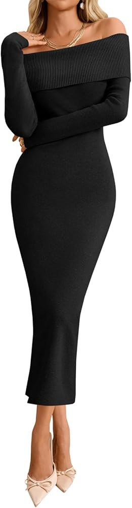 Wenrine Womens Off The Shoulder Bodycon Sweater Dress 2025 Elegant Long Sleeve Cocktail Party Mid... | Amazon (US)