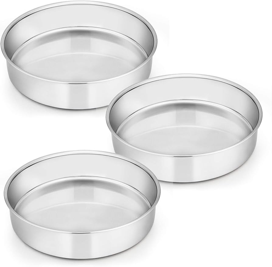 E-far 8 Inch Cake Pan Set of 3, Stainless Steel Round Layer Cake Baking Pans, Non-Toxic & Healthy... | Amazon (US)