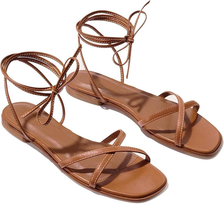 Strappy Flats Sandals for Women Summer Gladiator Lace Up Flat Sandals Open Square Toe Casual Beac... | Amazon (US)