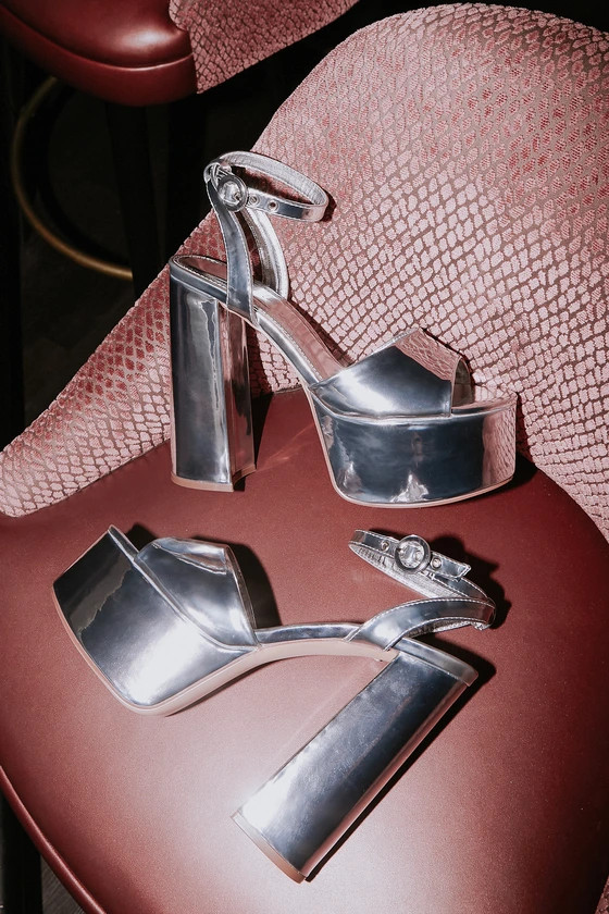 Bryna Silver Patent Platform Ankle Strap Heels | Lulus (US)