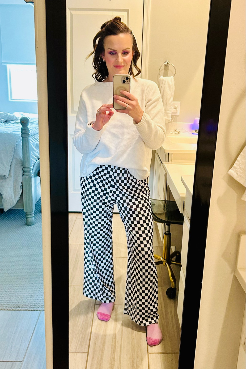 Checkered black and white mom fit 