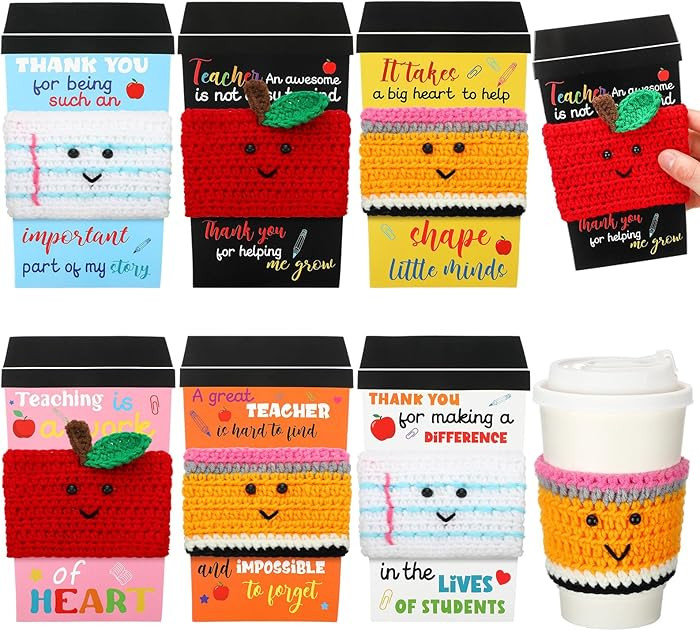 Zhehao 6 Set Valentine's Day Teacher Appreciation Gifts Crochet Coffee Cozy Cup Sleeve Thank You ... | Amazon (US)