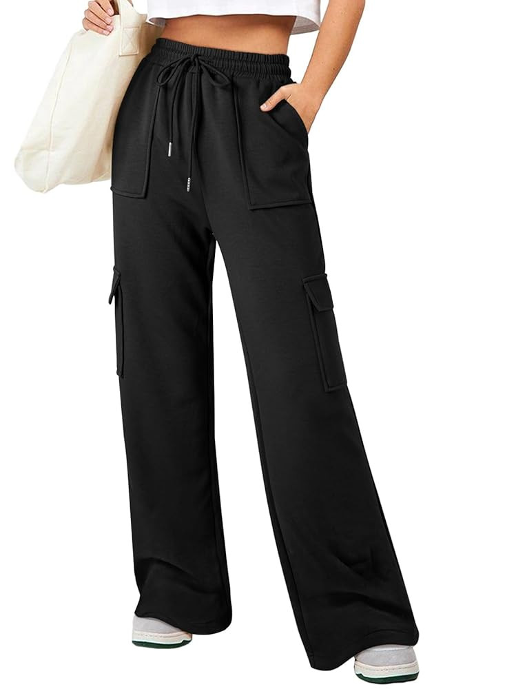 Aleumdr Women's Cargo Sweatpants Fleece High Waisted Wide Leg Pants Athletic Casual Baggy Sweat P... | Amazon (US)
