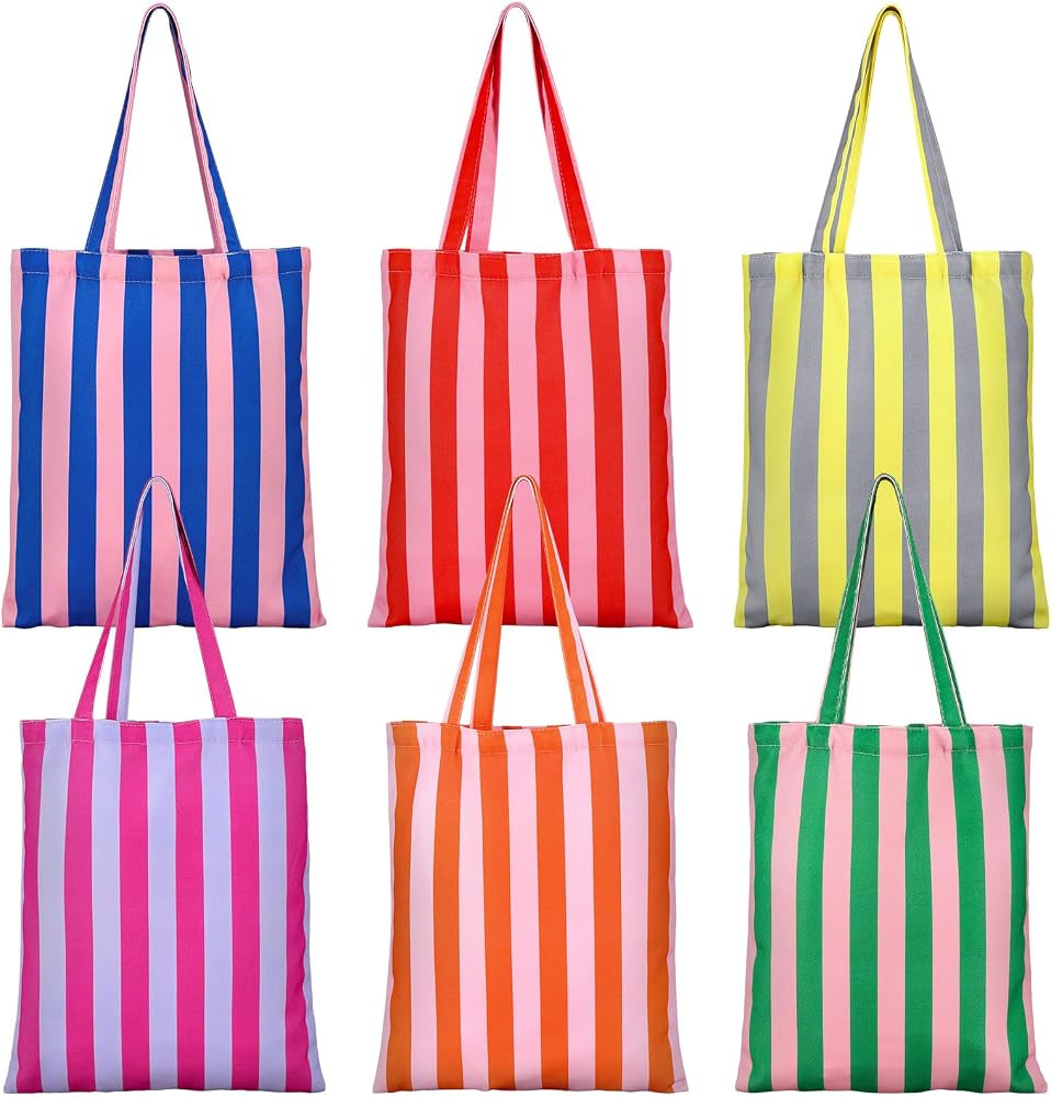 FYSUIMU 6Pcs Striped Canvas Tote Bags Colorful Stripe Reusable Goodie Bag Summer Grocery Shopping... | Amazon (US)