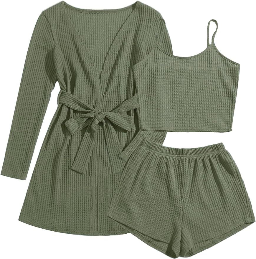 Ekouaer Womens 3 Piece Waffle Knit Lounge Set Soft Pajama Sets Tank Top and Shorts Cardigan with ... | Amazon (US)